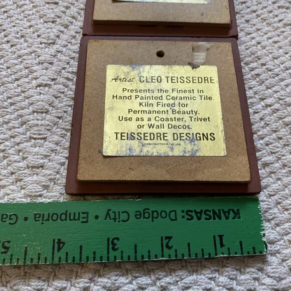 Cleo Teissedre Santa Fe Kachina on Vase Art Tile Trivet 1990 New Mexico set of 2 - Picture 7 of 8